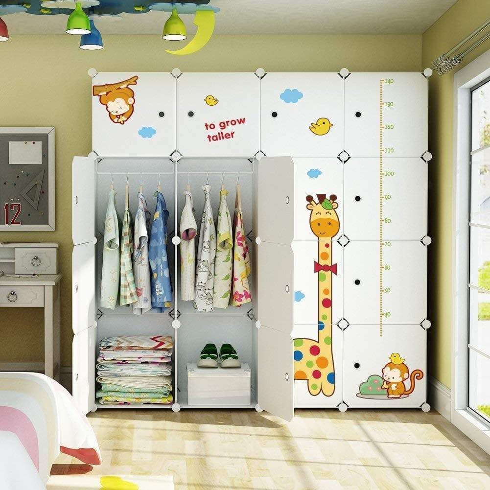 KOUSI Kids Dresser Kids Closet Portable Closet Wardrobe Children Bedroom Armoire Clothes Storage Cube Organizer, White with Cute Animal Door, Safety & Large & Sturdy, 10 Cubes & 2 Hanging Sections