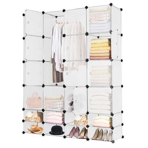 Tangkula Portable Clothes Closet Wardrobe Bedroom Armoire DIY Storage Organizer Closet with Doors, 16 Cubes and 8 Shoe Racks