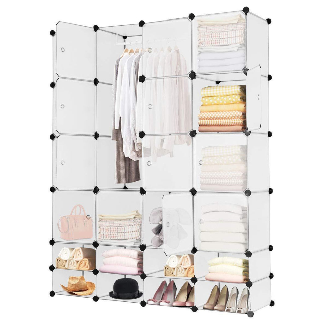 Tangkula Portable Clothes Closet Wardrobe Bedroom Armoire DIY Storage Organizer Closet with Doors, 16 Cubes and 8 Shoe Racks