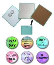 Load image into Gallery viewer, Storage organizer locker kit with tall shelf mirror cork board white board 6 inspirational magnets 2 pencil cups 15 piece set mint kit with shelf