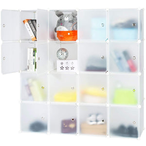 Honey Home Modular Storage Cube Closet Organizers, Portable Plastic DIY Wardrobes Cabinet Shelving with Easy Closed Doors for Bedroom/Office/Kitchen/Garage - 16 Cubes White