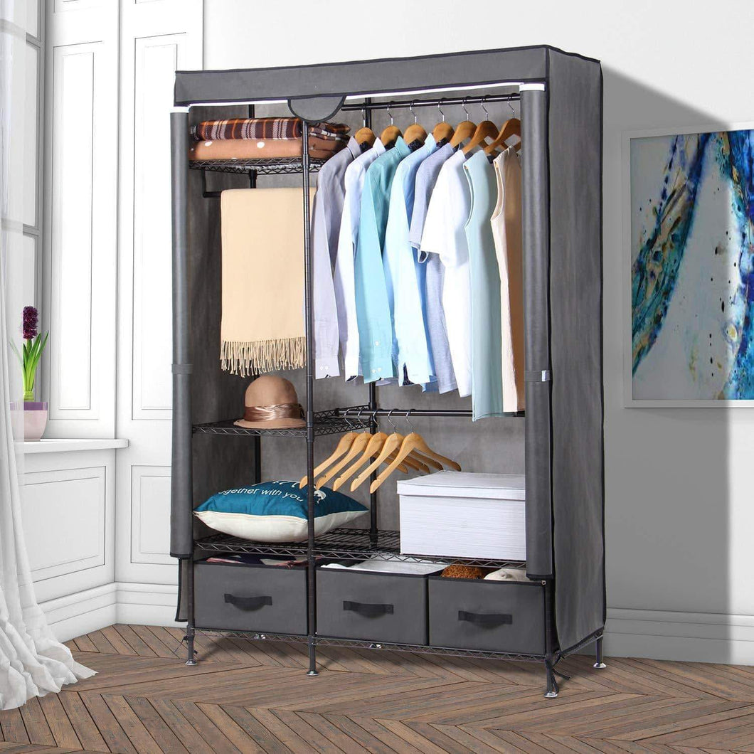 Lifewit Full Metal Closet Organizer Wardrobe Closet Portable Closet Shelves with Adjustable Legs, Non-Woven Fabric Clothes Cover and 3 Drawers, Sturdy and Durable, Large Size