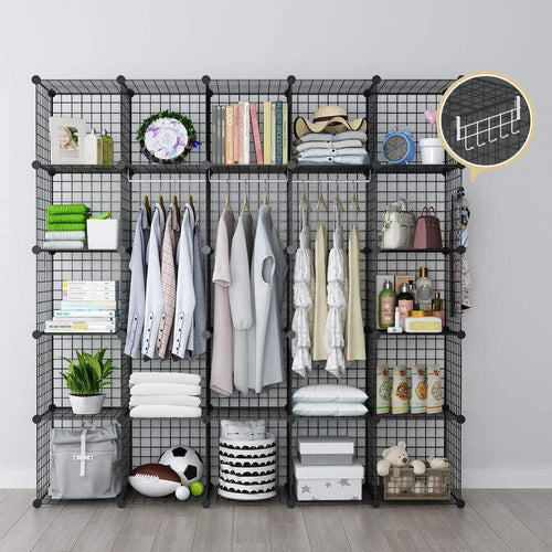 GEORGE&DANIS Wire Storage Cubes Metal Shelving Unit Portable Closet Wardrobe Organizer Multi-use Rack Modular Cubbies, Black, 14 inches Depth, 5x5 Tiers