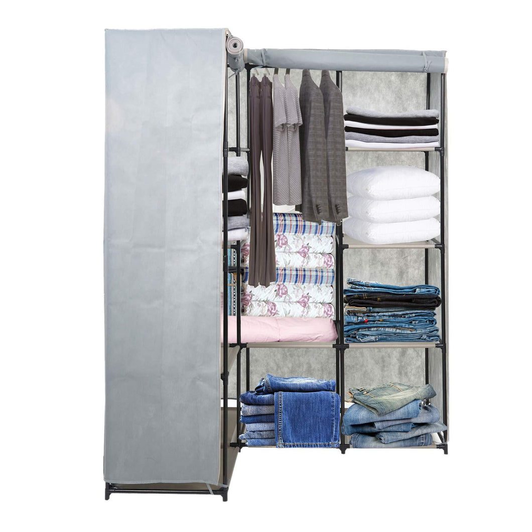 Dporticus Portable Corner Clothes Closet Wardrobe Storage Organizer with Metal Shelves and Dustproof Non-Woven Fabric Cover in Gray