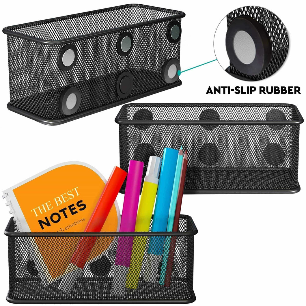 Top rated mesh magnetic storage basket with anti slip feature and strong magnets magnetic locker organizer and pencil holder for whiteboard and refrigerator set of 3 black