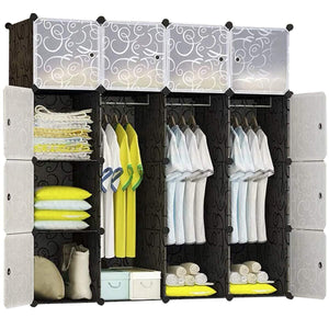 16-Cube Portable Closet, Plastic Wardrobe with Doors & 3 Hangers