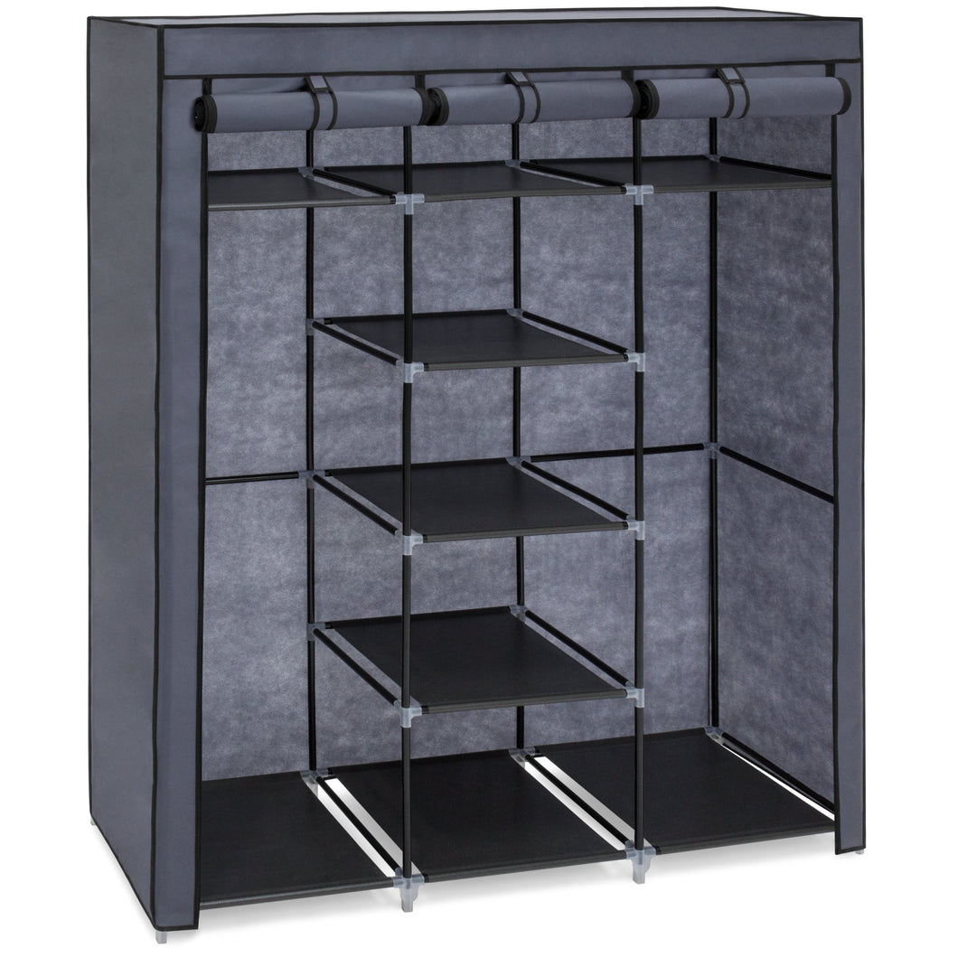 9-Shelf Portable Fabric Closet w/ Cover and Adjustable Rods - Gray