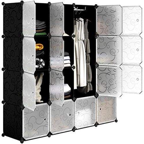 LANGRIA 16-Cube DIY Wardrobe Portable Cupboard Cabinet, Organiser Storage System with Doors, Hanging Rod, Strong Construction for Clothes, Shoes, Accessories, Curly Floral Print, Black and White